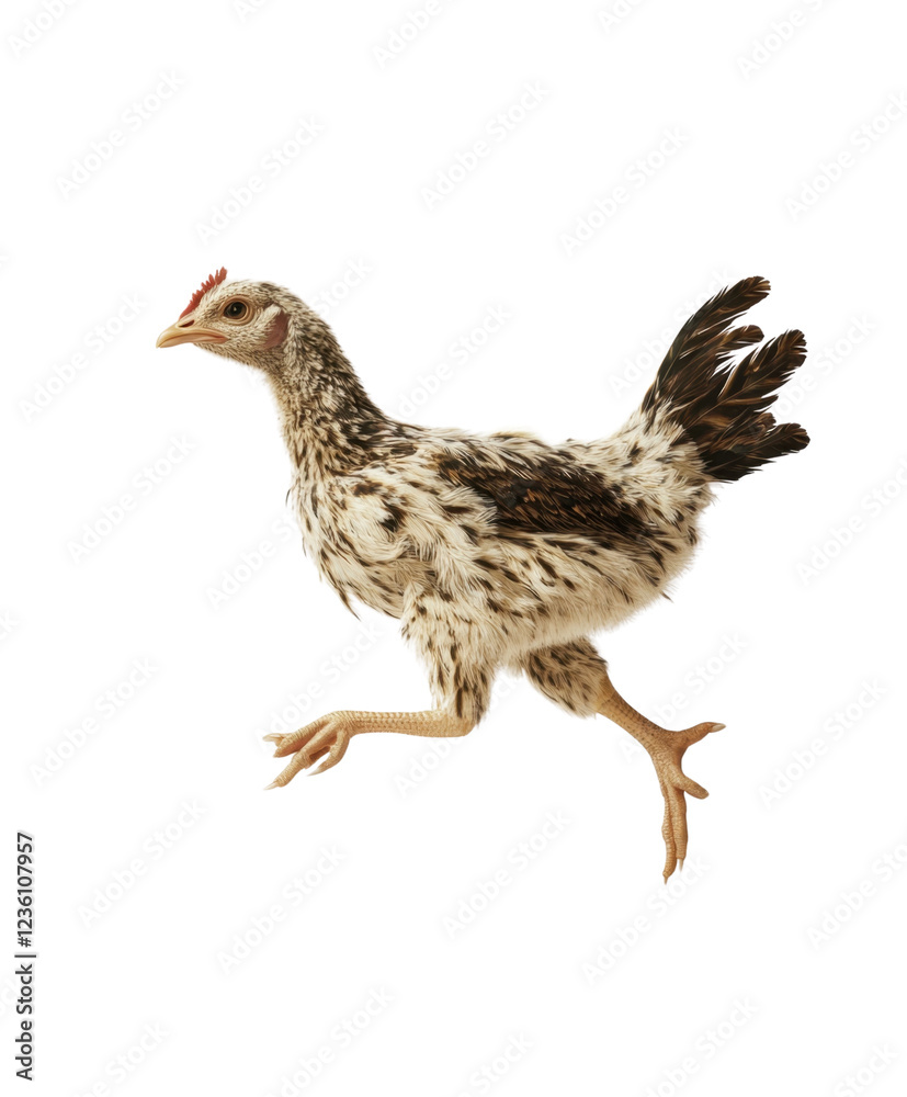 Fototapeta premium A young chicken with a speckled feather pattern, energetically moving forward.