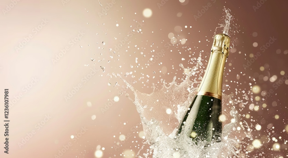 Fototapeta premium A champagne bottle popping on a sparkling background, with blank space for customized content, luxurious celebration for festival.