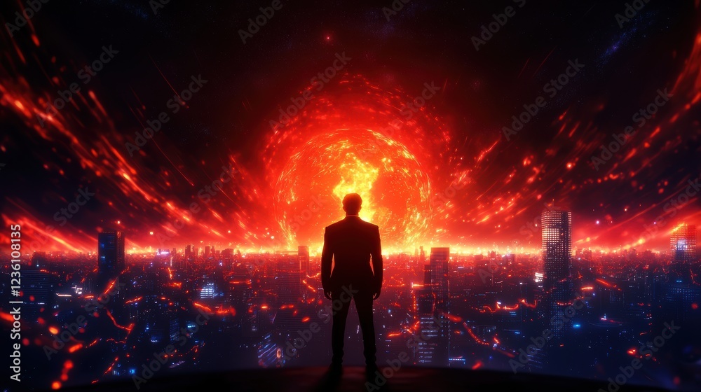 A silhouette stands before a vibrant, fiery cosmic scene, contrasting the dark cityscape below with an explosive display of colors. A silhouette stands before a vibrant, fiery cosmic scene, contrasting the dark cityscape below with an explosive display of colors.