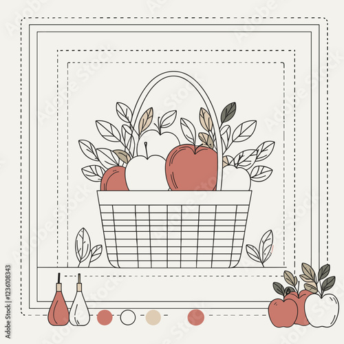 Illustration of a basket filled with apples and pears in a decorative frame