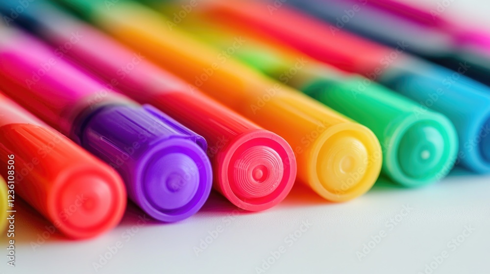 A close-up view of a group of colorful pens, ideal for illustrations and designs A close-up view of a group of colorful pens, ideal for illustrations and designs