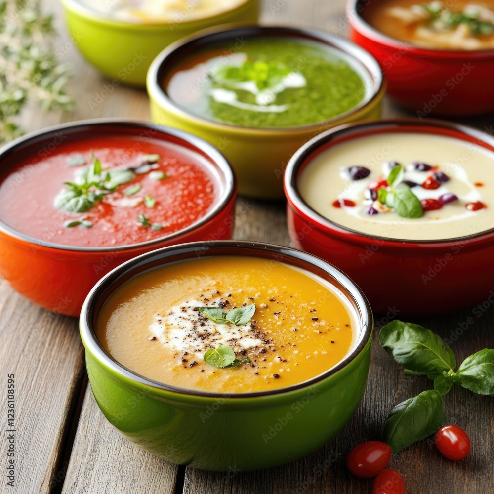 Simple, rustic setting with four bowls of soup on a wooden table