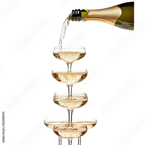 A tower of champagne coupes being filled with sparkling wine.