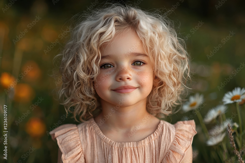 Smiling caucasian child in floral meadow with blonde curly hair on a sunny day