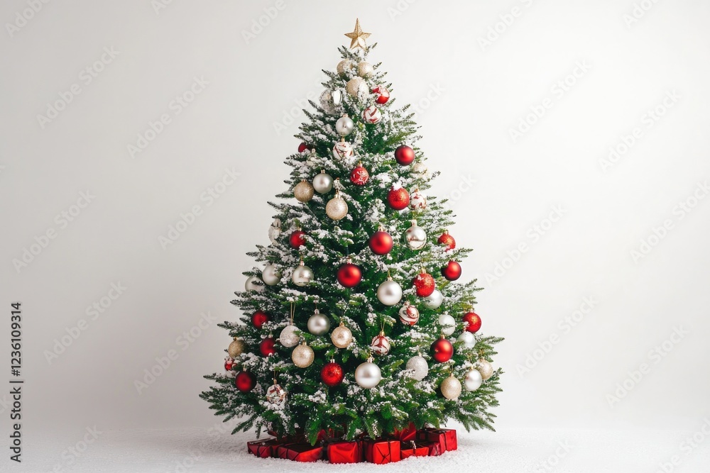 A beautifully decorated Christmas tree with red and white ornaments
