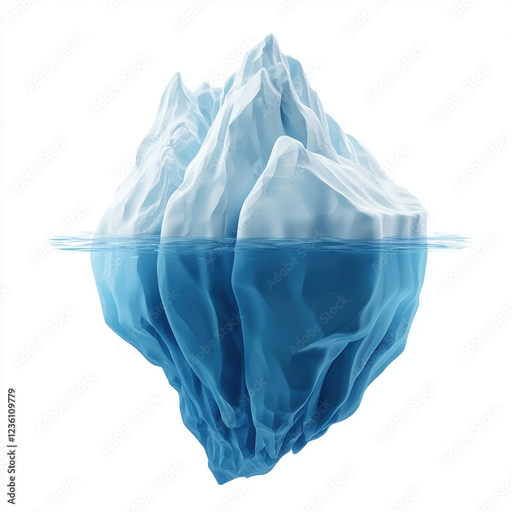 Obraz premium Iceberg floating in cold Arctic waters with a hidden underwater part, isolated on a clean white background