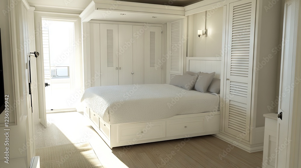 Fototapeta premium Convertible furniture in a bright, modern apartment, maximizing space for both work and relaxation.