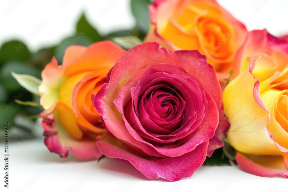 Fototapeta Three red roses on a white surface, great for use in romantic and floral-themed designs