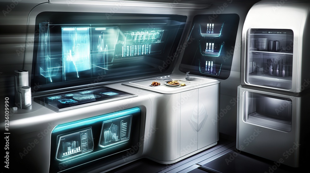Fototapeta premium Futuristic spaceship galley with holographic displays