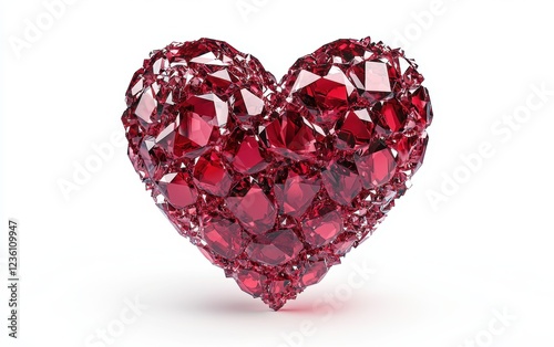 Heart made of sparkling ruby gemstones for Saint Valentines Day and 8 March Womens Day isolated on a white background