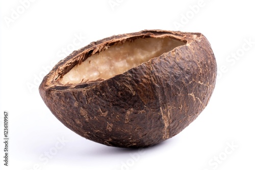 Fresh coconut partially consumed on a clean surface