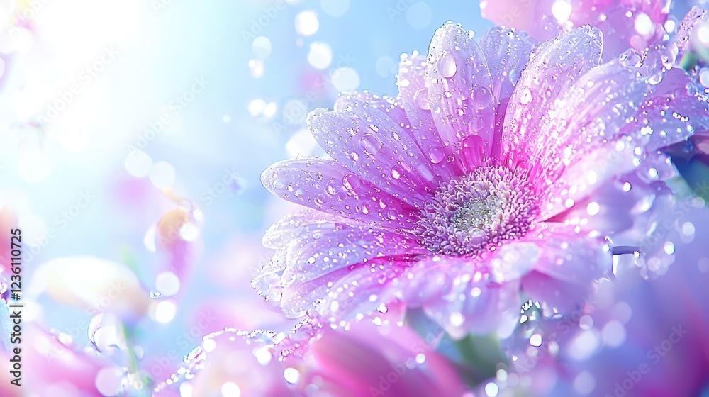 Obraz premium Dew-kissed pink gerbera daisy, spring bloom, garden background, for greeting cards