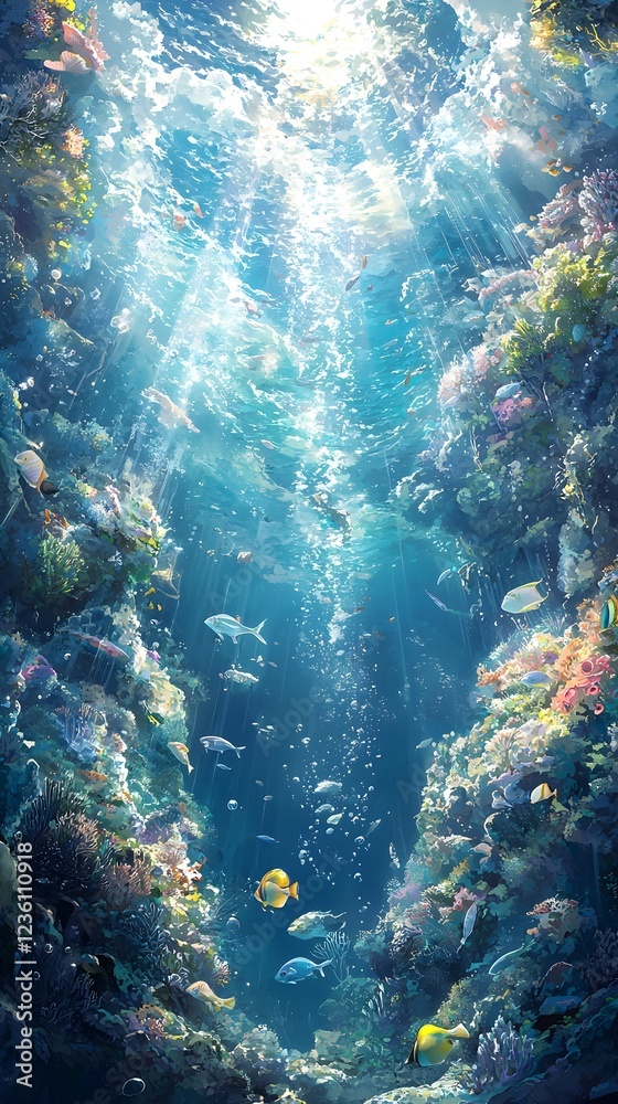 Naklejka premium An anime illustration of a crystal-filled ocean with vibrant shimmering textures