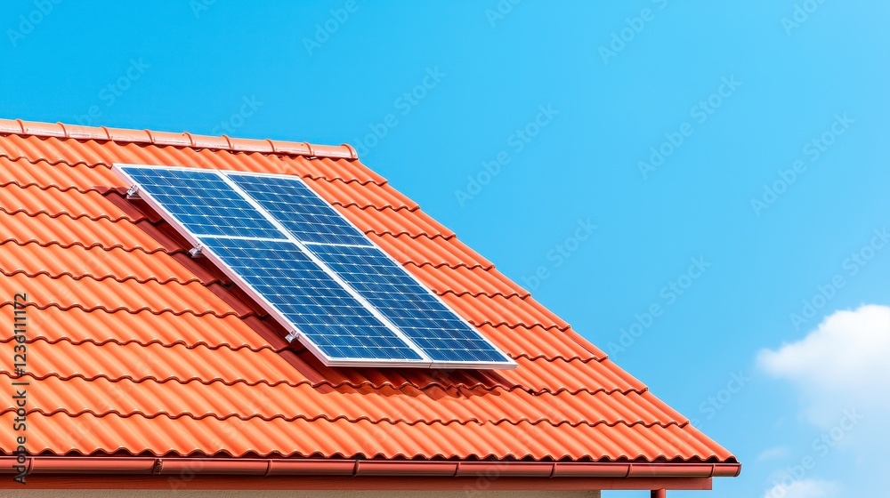 Single Solar Panel on Terracotta Roof Under Bright Sunny Sky Single Solar Panel on Terracotta Roof Under Bright Sunny Sky