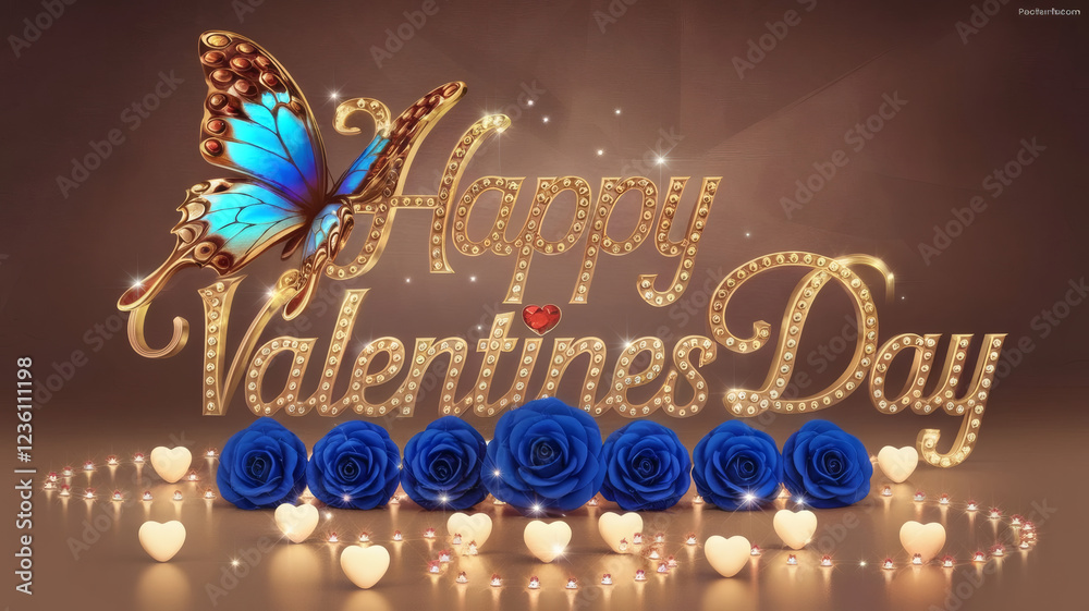 Naklejka premium Romantic Valentine's Day Greeting with Blue Roses, Butterfly, and Gold Text
