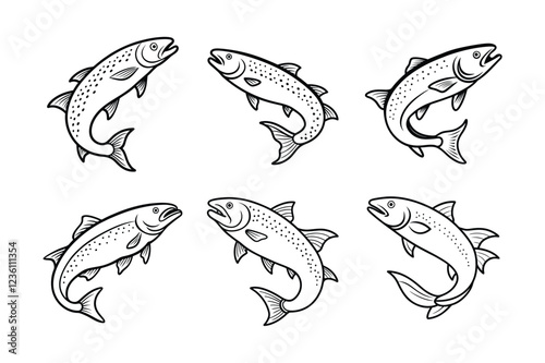 trout fish design, labeled line art vector silhouette illustration.