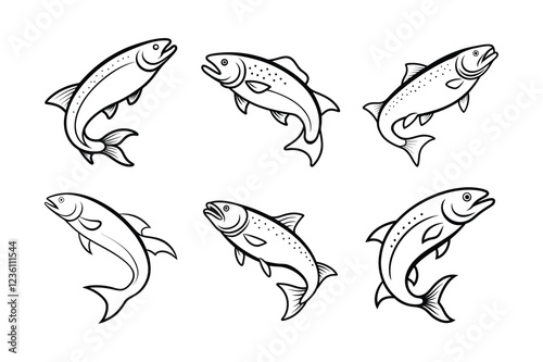 trout fish design, labeled line art vector silhouette illustration.