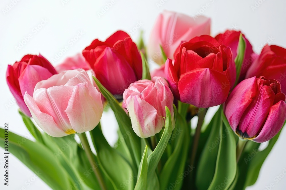 A still life photo of tulips in a vase, featuring pink and red colors