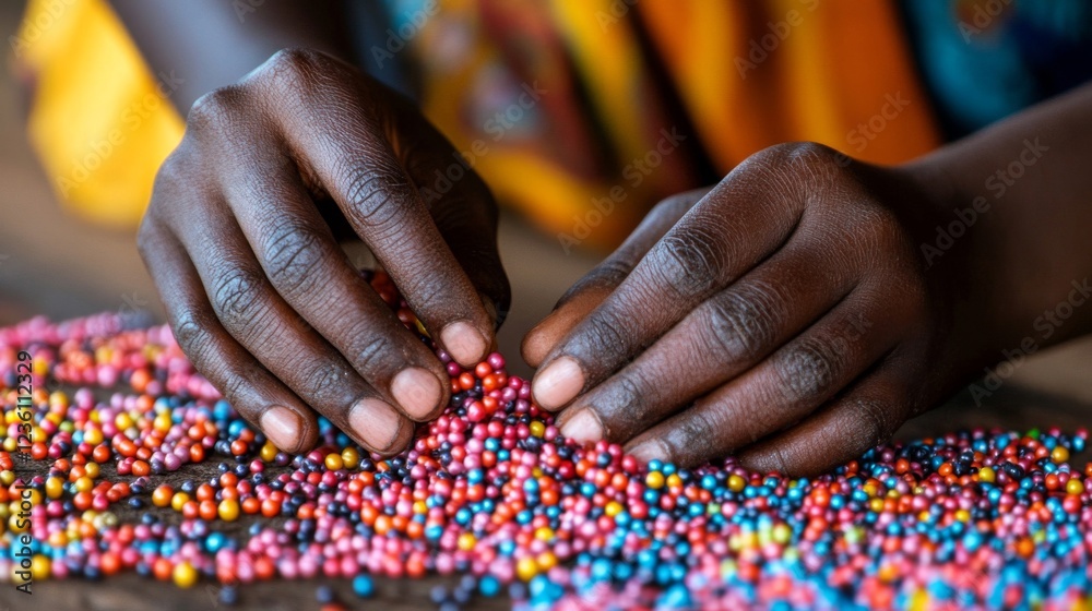 Close-up of Hands Carefully Crafting with Colorful Beads Close-up of Hands Carefully Crafting with Colorful Beads