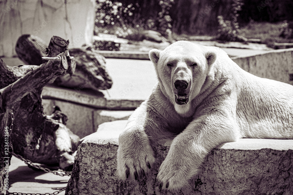 Obraz premium Ein Eisbär im Zoo Karlsruhe, Deutschland in Schwarz und Weiß, welcher lächelnd direkt in die Kamera schaut.