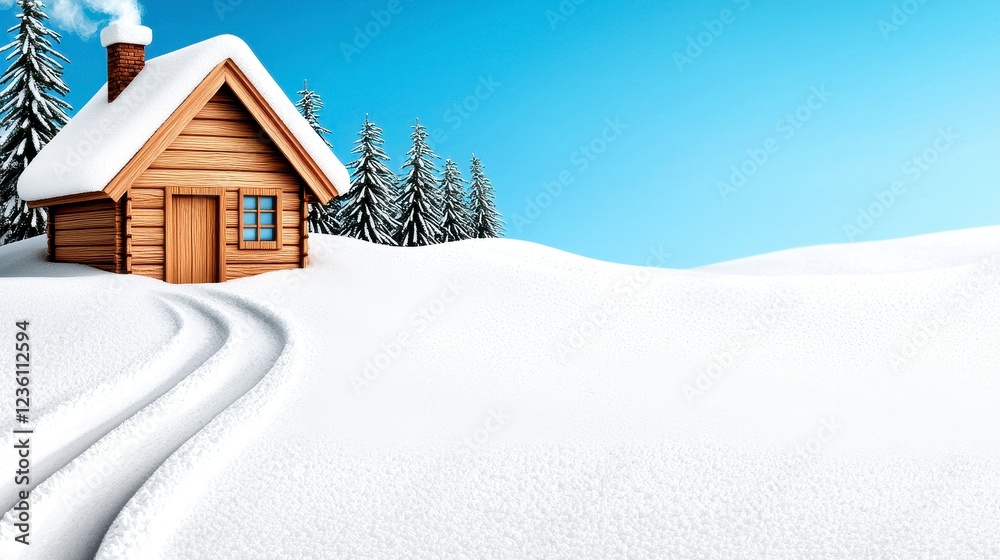 Fototapeta premium Snowy Landscape with Rustic Wooden Cabin and Tire Tracks