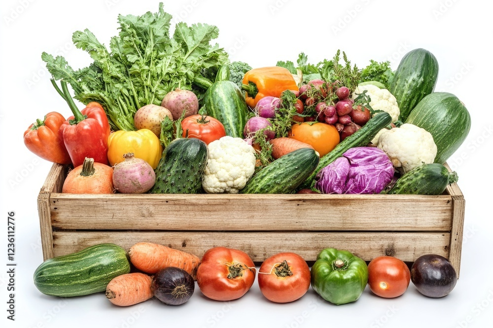 A wooden box filled with various vegetables A wooden box filled with various vegetables