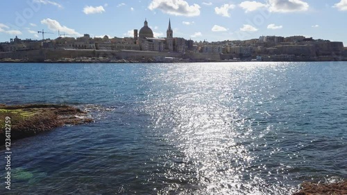 Valletta skyline, Malta, on a sunny winter day seen from Tigne beach