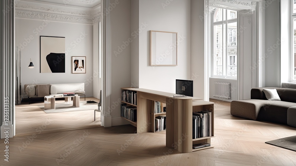 Fototapeta premium Modular desk integrated into a stylish open-concept apartment with neutral colors and natural materials.