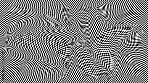 Floor in tile checker. Vector pattern of optical illusion. Moving wave with black and white squares. Op art. Background with chessboard grid. Abstract distorted texture. Psychedelic illustration.