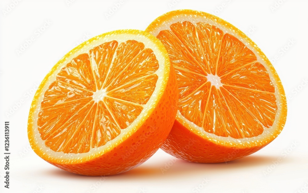 Fototapeta premium Juicy orange sliced in half with visible pulp isolated on a white background