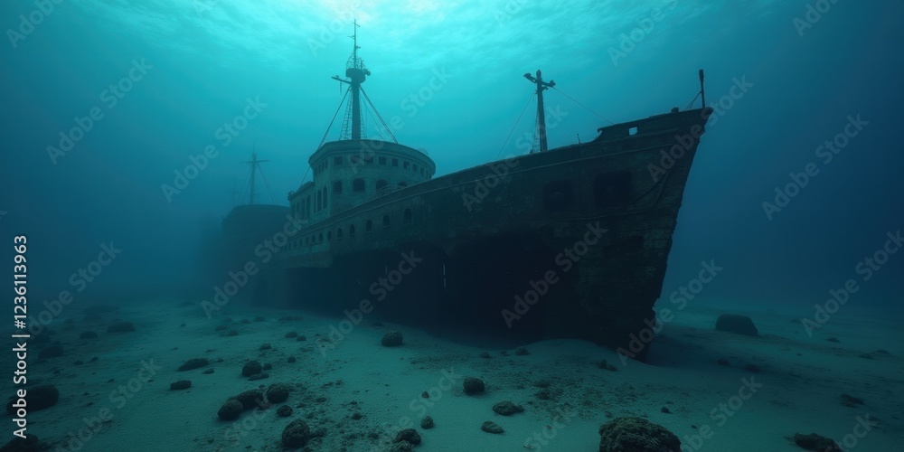 Fototapeta premium A haunting underwater view of a shipwreck, showcasing the mysteries of the deep sea and the remnants of maritime history.
