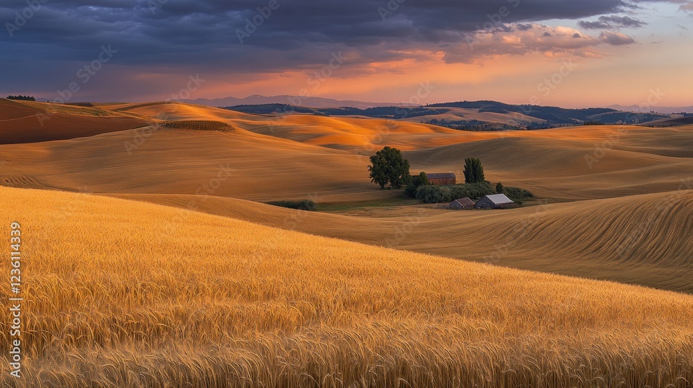 Obraz premium A serene landscape of golden wheat fields under a dramatic sky at sunset.