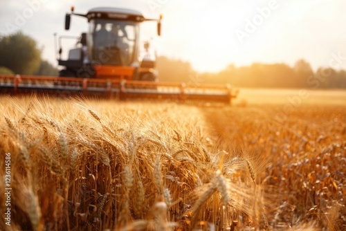 A combine harvester operating in a wheat field, collecting and processing crops