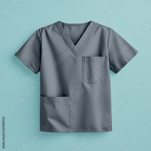 A close-up of a grey scrub top with a pocket on a blue background, suitable for medical or healthcare use