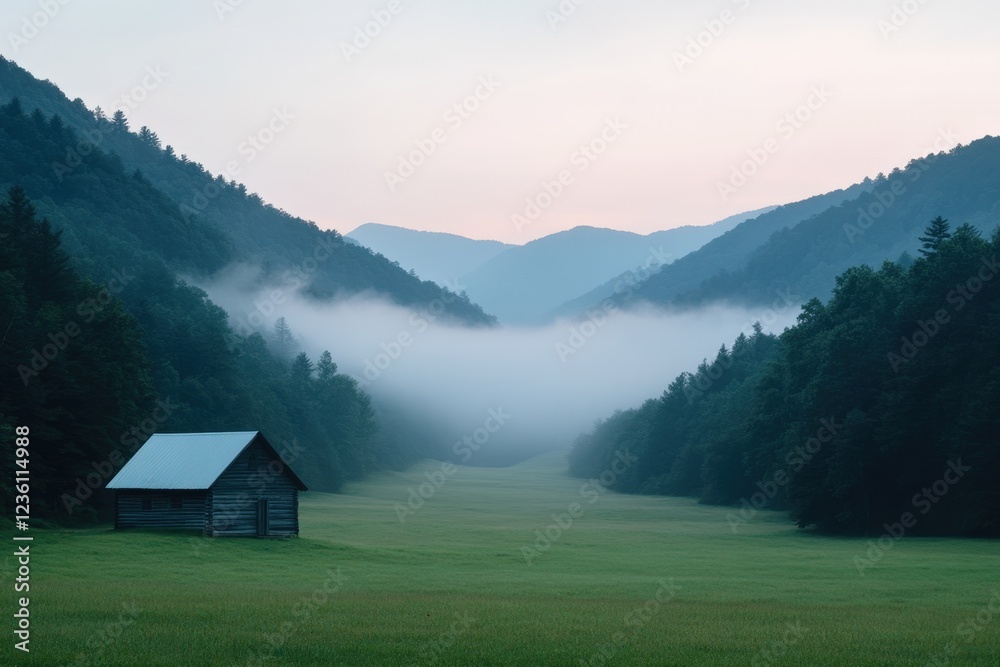 Foggy mountains with a cabin in the valley, serene nature background.