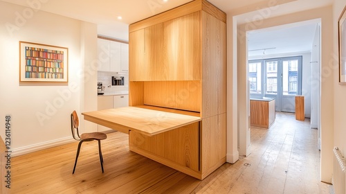 Stylish modern apartment featuring a hidden desk inside a custom-built cabinet, maximizing space efficiency.