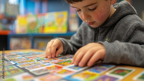 Focused young boy engaged in a colorful sticker and card game