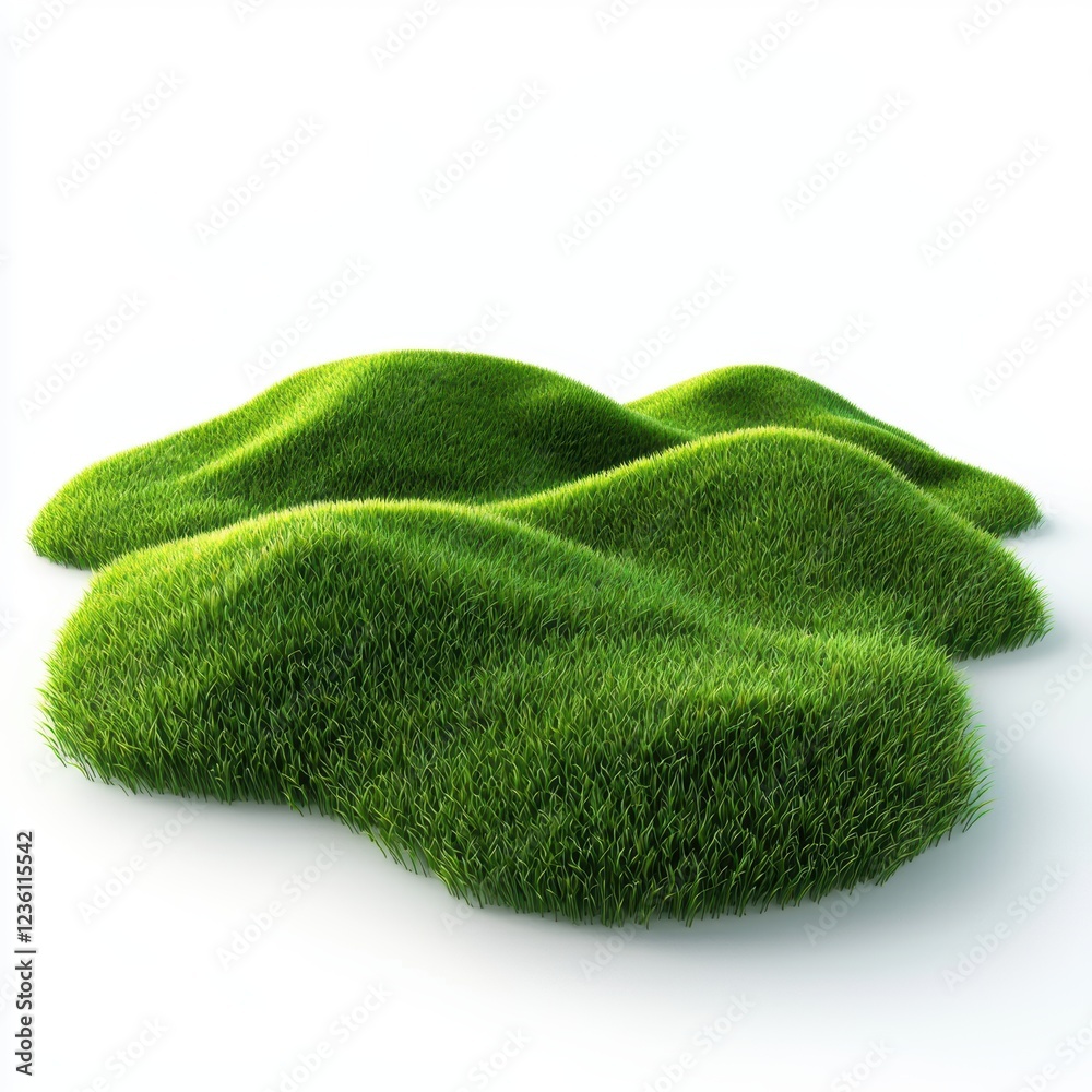Fototapeta premium Lush green grass-covered landscape with rolling hills, placed on a bright white background