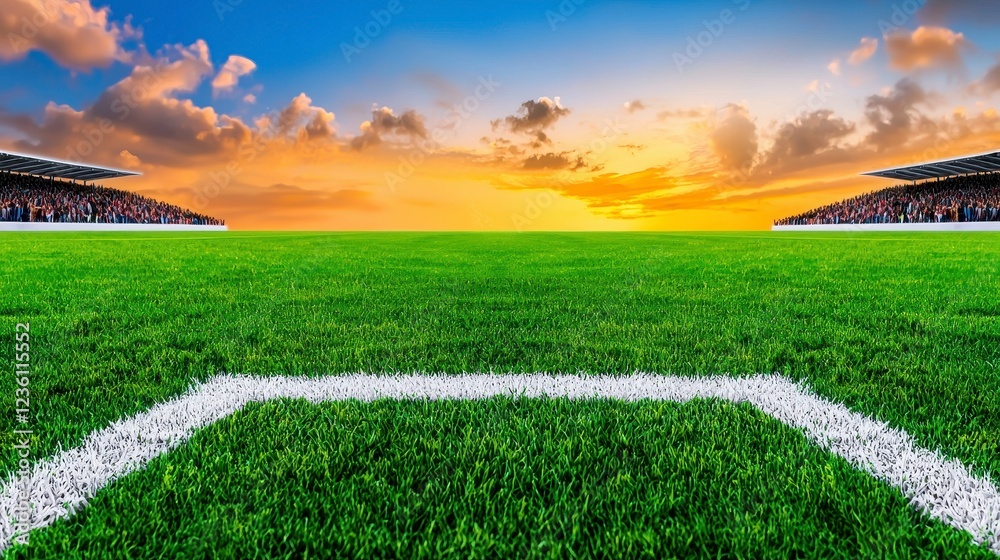 Obraz premium Sunset Soccer Field Panorama Lush Green Grass, Stadium Seating and Vibrant Sky