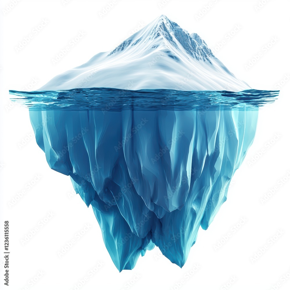 Obraz premium Iceberg floating in cold Arctic waters with a hidden underwater part, isolated on a clean white background