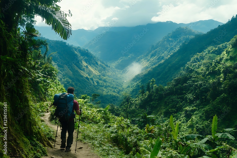 Fototapeta premium Majestic Mountain Hiking Trail in Lush Jungle