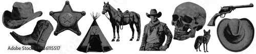 Set of wild west cowboy western vintage halftone grunge vector design elements