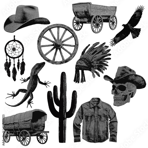 Set of wild west cowboy western vintage halftone grunge vector design elements