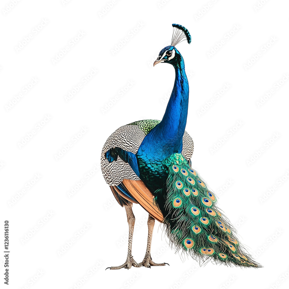 Obraz premium Majestic Indian Peacock Bird Stunning Feathers Vibrant Blue Green Colors Isolated transparent background Detailed Portrait Wildlife Photography Nature 