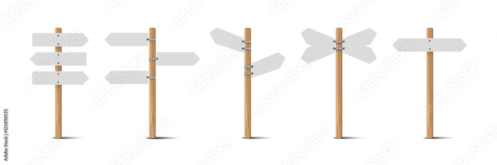 3D Wooden Road Sign and Traffic Sign Post Set: Realistic Blank Signboards, Plywood Pointers, and Timber Directional Signs on White Background. Vector Illustrations. 3D Wooden Road Sign and Traffic Sign Post Set: Realistic Blank Signboards, Plywood Pointers, and Timber Directional Signs on White Background. Vector Illustrations.