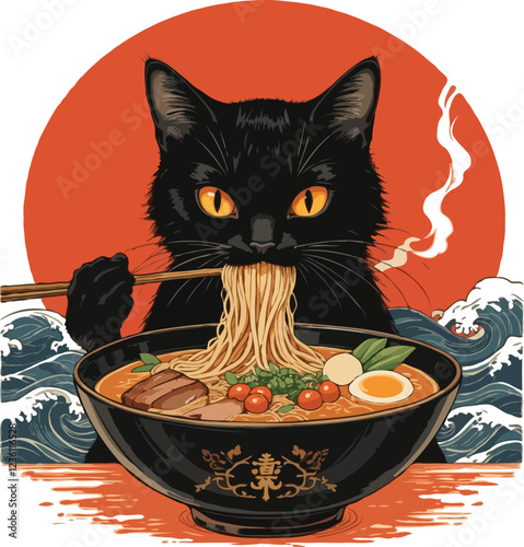 Black cat with striking orange eyes eating ramen from large bowl. Generative AI.
