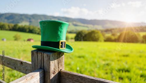 Leprechaun hat perched on wooden fence post in sunny meadow, cheerfulness