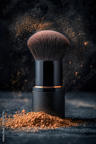 Soft kabuki makeup brush with loose powder on dark background