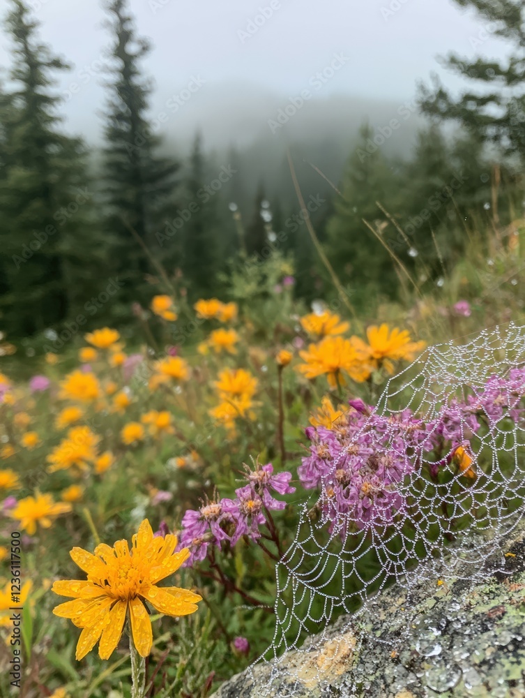 Obraz premium Flowers and spiderwebs in a misty forest landscape