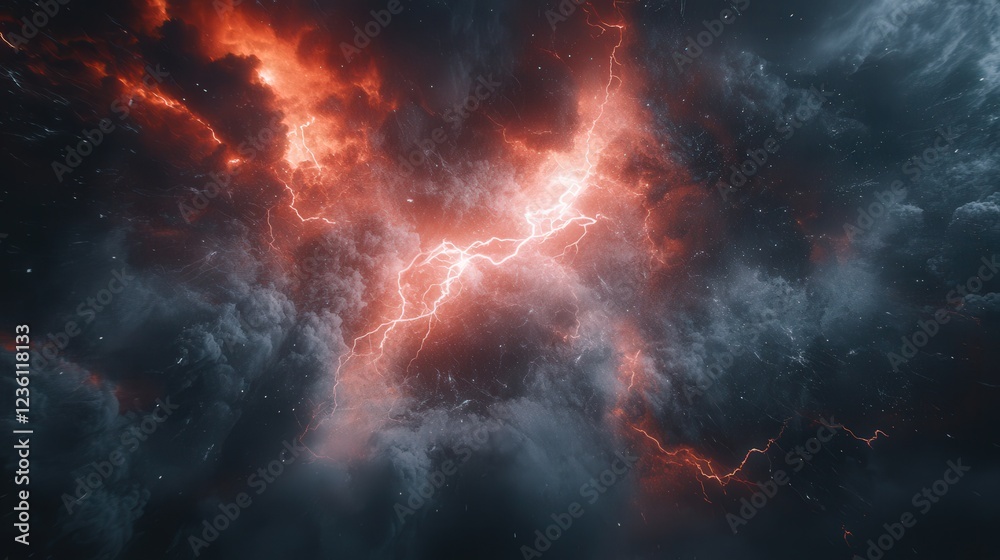 Fototapeta premium Bright white lightning flash piercing through menacing storm clouds, showcasing the sheer force and energy of nature’s electrical storm